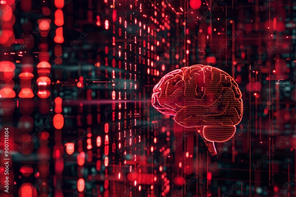 Poster glowing digital brain illustration amidst streams of binary code, symbolizing ai and data processing
