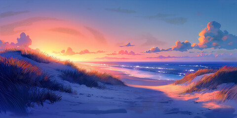 anime-style panorama landscape of a sand dune system on a beach at sunrise