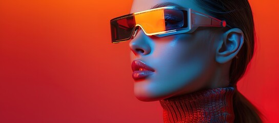 A woman wearing glasses on a red background