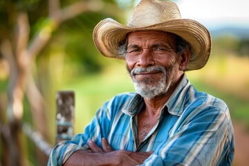 Fototapeta premium Warm portrait of an elderly farmer smiling at the camera, wearing a straw hat