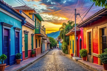Obraz premium Vibrant Central American street scene with colorful architecture, rich cultural elements, and warm lighting, evoking a sense of empowerment and community pride.
