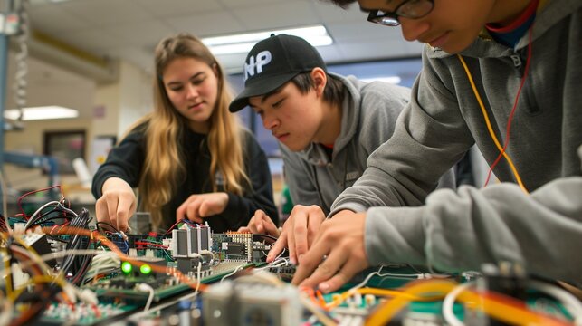 Students Collaborating on Wiring Circuits for a Robotics Project