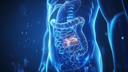 3D X-ray image showing the anatomy of the stomach and intestines. The condition of the digestive system, including the intestines and colon, is visible due to possible inflammation and diseases.
