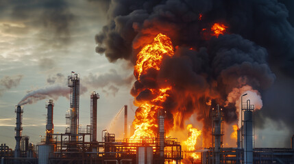 A dramatic explosion occurred at an industrial plant processing crude oil, burning the building and creating black smoke and huge flames.