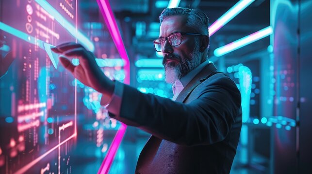 Middle-aged man using holographic display to onboard new employee, high-tech office background with vibrant neon colors. Middle aged man welcome onboarding