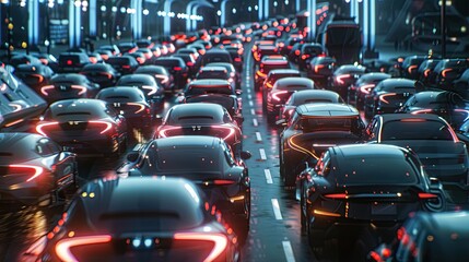 A congested urban road filled with electric vehicles, highlighting traffic jams and the challenges of managing increased vehicle density