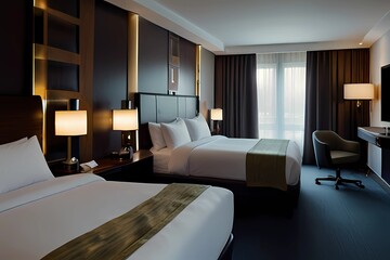 Interior of a room in hotel. Large bed. Interior of a room in a modern hotel. A large bed.
