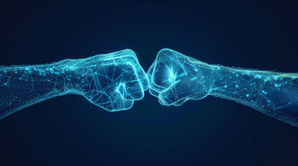 Abstract digital image of human hands making a fist bump gesture on a dark blue background. This represents the idea of ​​cooperation and partnership in the business world.