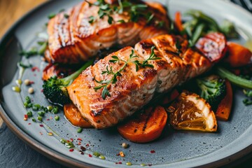 Succulent grilled salmon fillet served with a variety of gardenfresh vegetables on a gray plate