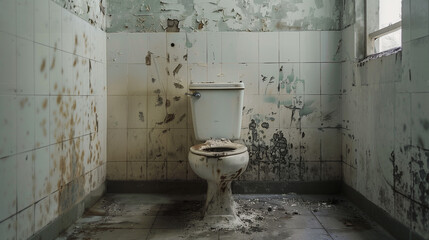 Neglected bathroom with dirty and unsightly walls. A room filled with mess, with an unclean toilet and damp spots, where mold and mildew are visible.