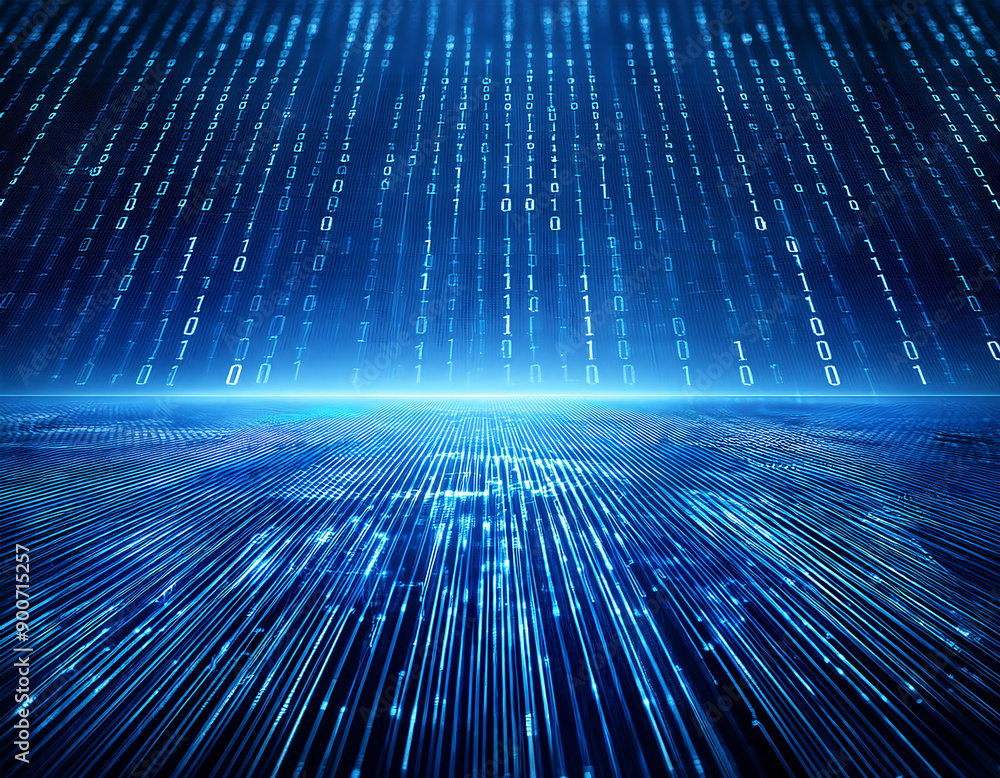 Poster firefly digital binary data background- a blue digital background filled with binary data, represent