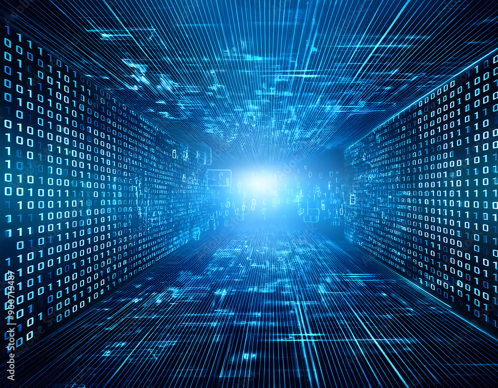 Leinwandbilder firefly digital binary data background- a blue digital background filled with binary data, represent