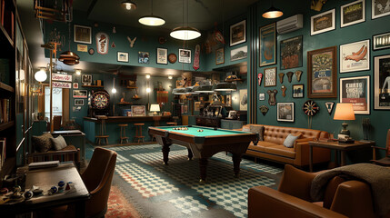 A cozy game room with a pool table, dartboard, bar area with stools, framed posters, comfortable seating, and a bookshelf. Warm lighting creates a welcoming atmosphere.