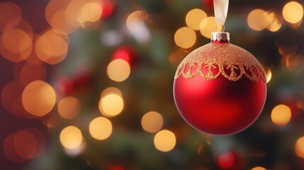 Fototapeta premium Red Christmas ball with ribbon on blurred background of Christmas tree