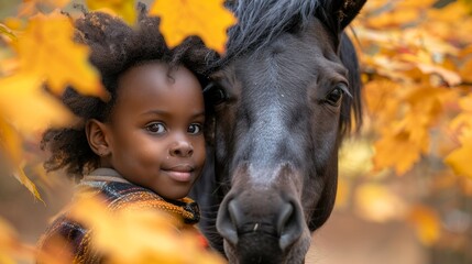 African American girl with a horse in an autumn forest setting. Concept of children, animals, nature, friendship