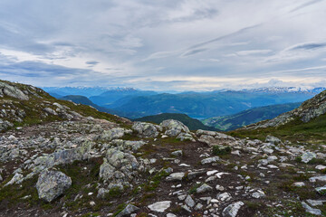 View from a hike to the Molden Mountain Top by Lustrafjorden Fjord, part of the Sognefjorden Fjord, Western Norway, a summer day of July 2024.