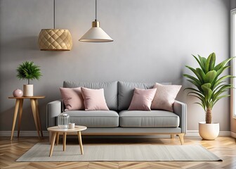 Interior wall mock up with gray sofa pink pillows pineapple lamp and books in living room with empty white wall. 3D rendering.