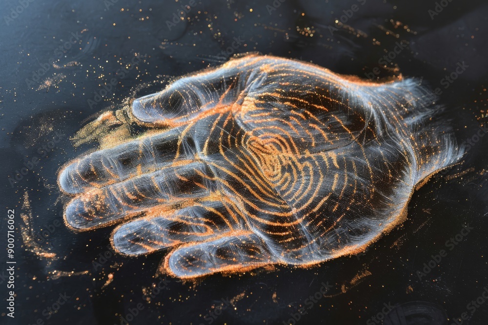 Poster intricate digital handprint with glowing patterns and high tech details