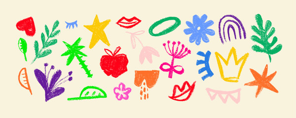 Collection of hand drawn colorful charcoal doodle shapes and squiggles in childish girly style. Pencil drawings isolated on white. Crown, stars, flower, heart and grid doodle collage elements.