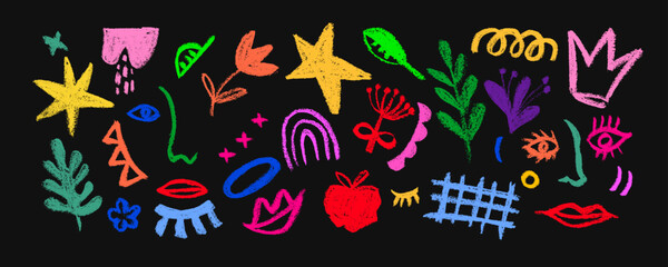 Bundle of abstract trendy doodle art. Set of hand drawn faces woman's, eyes, plant, curve, shape, object,crown, star. Design element. Flat vector cartoon illustration.