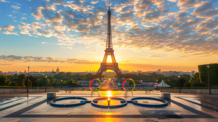 olympic rings at sunset with eiffel tower in paris