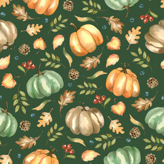 Autumn seamless pattern with pumpkins, yellow, green leaves, red berries, oak leaves on a green background. Watercolor print for Thanksgiving, harvest day, autumn farm fair.