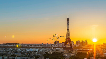Obraz premium olympic rings at sunset with eiffel tower in paris
