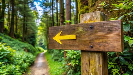Rustic wooden way marking sign with yellow arrow on rural trail, surrounded by lush green foliage, Camino de Santiago pilgrimage route, Spain.