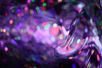 Abstract Glittered Textured Radial Foil Neon Light on Black Background, shapes of liquid chrome...