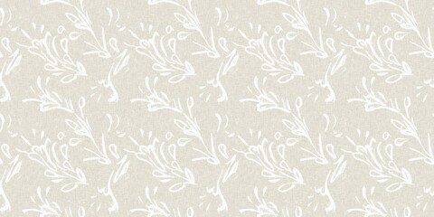 Seamless french gender neutral floral linen printed fabric border background. Light mottled white on grey cottage core block print pattern. Shabby chic woven duotone cloth effect. 