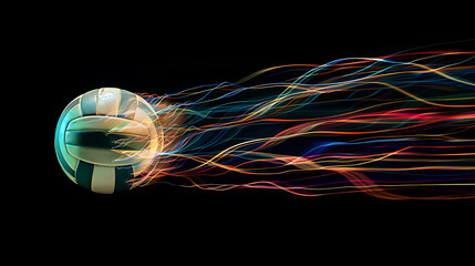 A Thrilling MomentA Vibrant Spinning Volleyball in Mid-Air Against a Stark Black Background