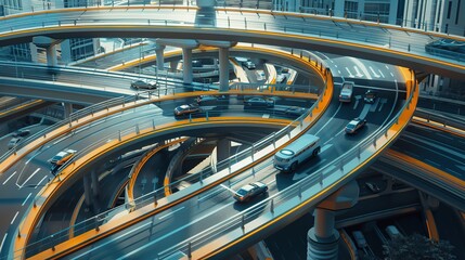 A futuristic cityscape with autonomous cars driving on multi-level roads, showcasing the advancements in self-driving technology