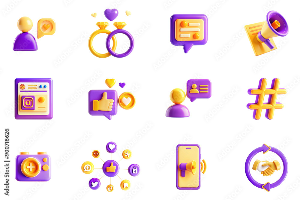 Aufkleber social media marketing concept of 3d icons set in modern web design. pack isolated objects of follow