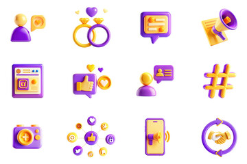 Social media marketing concept of 3D icons set in modern web design. Pack isolated objects of followers, rings in dating chat, messaging, online advertisement, like, email, photo, other illustrations.