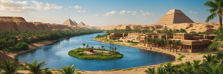 Egyptian river scene made from plasticine, with Nile River flowing through lush greenery, ancient temples, clear blue sky, natural colors