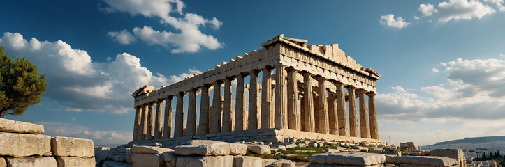 Obraz premium Parthenon in Athens, Greece, with clear blue skies and city in background, natural light, wide-angle view