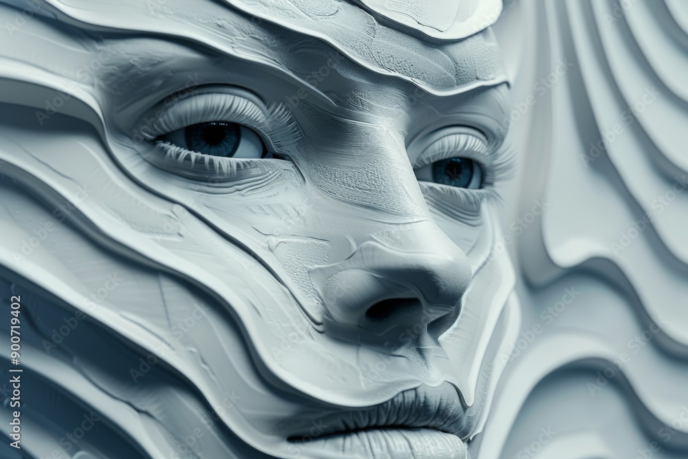Poster artistic representation of a human face with layered contours evoking themes of identity and complex