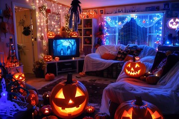 Halloween Spirit in the Living Room: Glowing Pumpkins and Festive Decorations