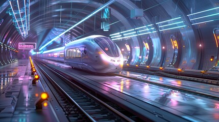 A futuristic hyperloop station with a high-speed pod arriving at the platform, surrounded by advanced infrastructure and digital displays