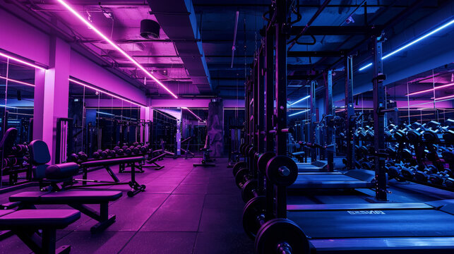 wide angle photo of an modern gym with purple light
