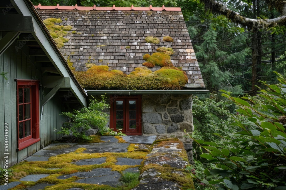 Poster charming forest retreat with a mossy roof blends into a lush woodland setting