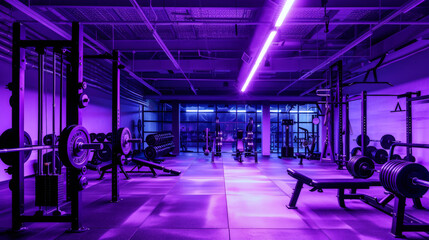wide angle photo of an modern gym with purple light