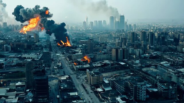A city is on fire with smoke billowing into the sky