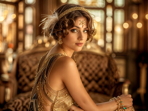 Elegant woman in 1920s flapper dress and headpiece