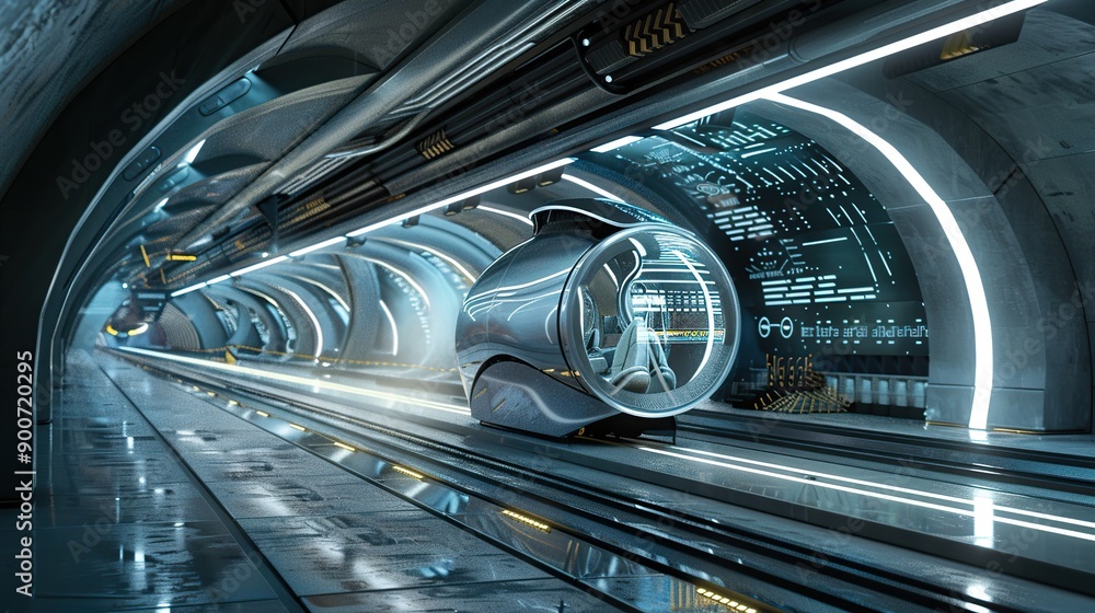 Poster a futuristic hyperloop station with a high-speed pod arriving at the platform, surrounded by advance
