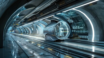 Fototapeta premium A futuristic hyperloop station with a high-speed pod arriving at the platform, surrounded by advanced infrastructure and digital displays