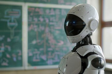 Fototapeta premium Robotic teacher in classroom, against chalkboard, highlighting its role in modern educational environment. Perfect for themes of futuristic education, technology integration in schools.