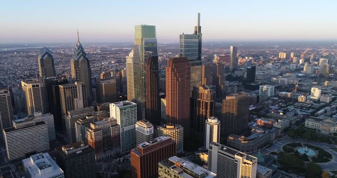 Philadelphia Cityscape Sunset Light in Background. Business District with Logan Square. 4k. Pennsylvania