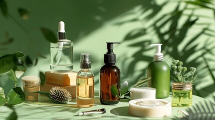Natural Skincare Products with Botanical Ingredients. Life Style Product. set of bottles and products. white Background and AI-generated image
