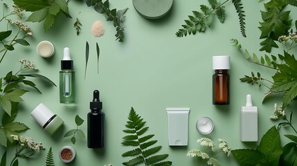 Natural Skincare Products with Botanical Ingredients. Life Style Product. set of bottles and products. white Background and AI-generated image
